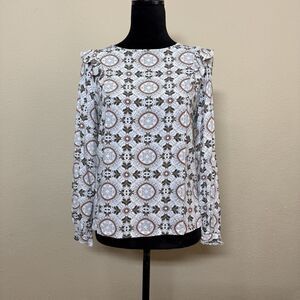 LOFT Shirt Womens XS Petite Floral Ruffle Long Sleeve Top Blouse Work Casual